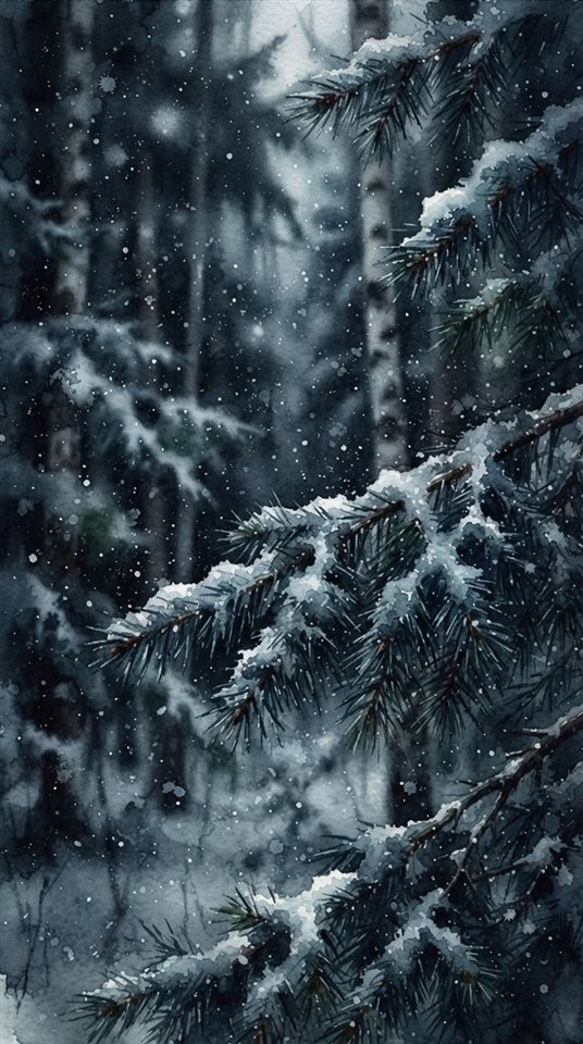 Watercolor illustration of quiet snowy forest with soft light, close-up detail with shallow depth of field, moody dark tones, dramatic lighting, 9:16 aspect ratio