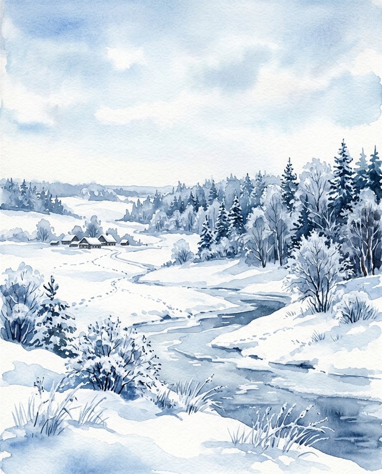 雪白冬景的水彩插畫，寬景鏡頭且上方留有文字空間，冷藍色調，靜謐氛圍，4:5比例