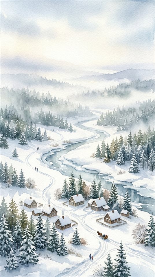 雪白冬景的水彩插畫，俯視視角，清晨薄霧，夢幻氛圍，9:16比例