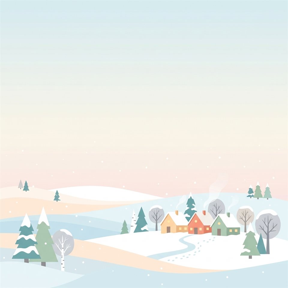 Ilustração plana minimalista de paisagem invernal nevada, plano aberto com espaço livre na parte superior para texto, cores pastel suaves, brilhante e aconchegante, proporção 1:1