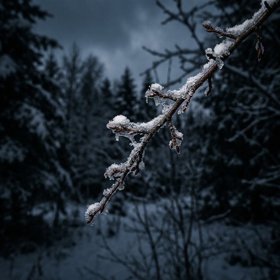 Foto fotorrealista de paisagem invernal nevada, detalhe em close-up com profundidade de campo rasa, tons escuros melancólicos, iluminação dramática, proporção 1:1
