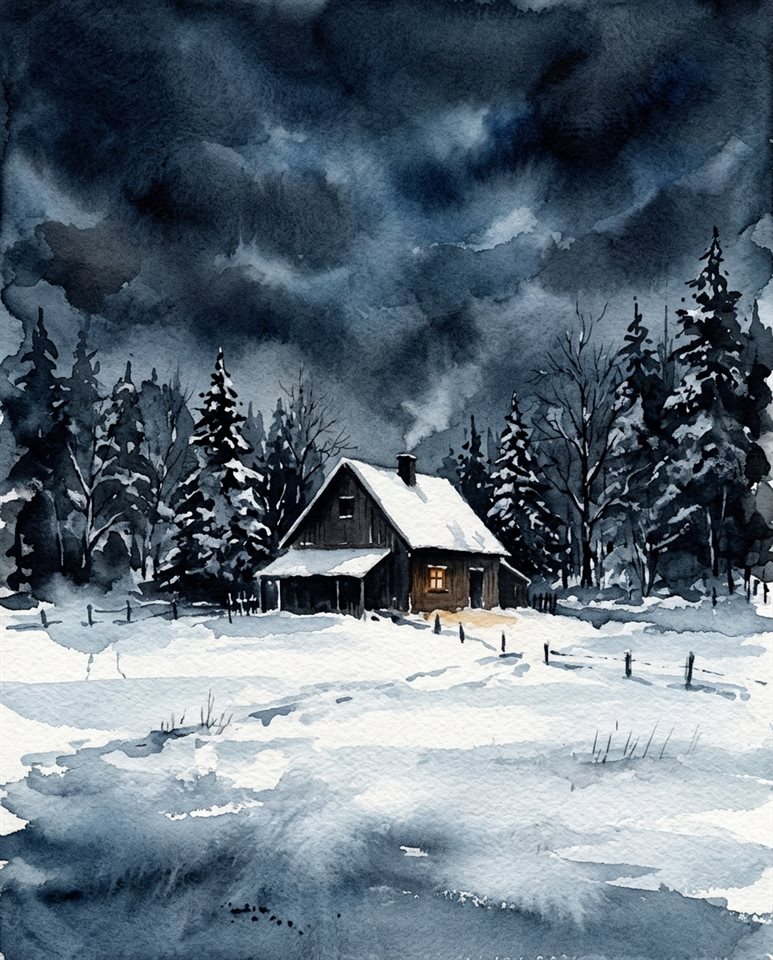 雪白冬景的水彩插畫，主體置於中央，構圖簡潔明了，沉穩暗色調，戲劇性燈光，4:5比例