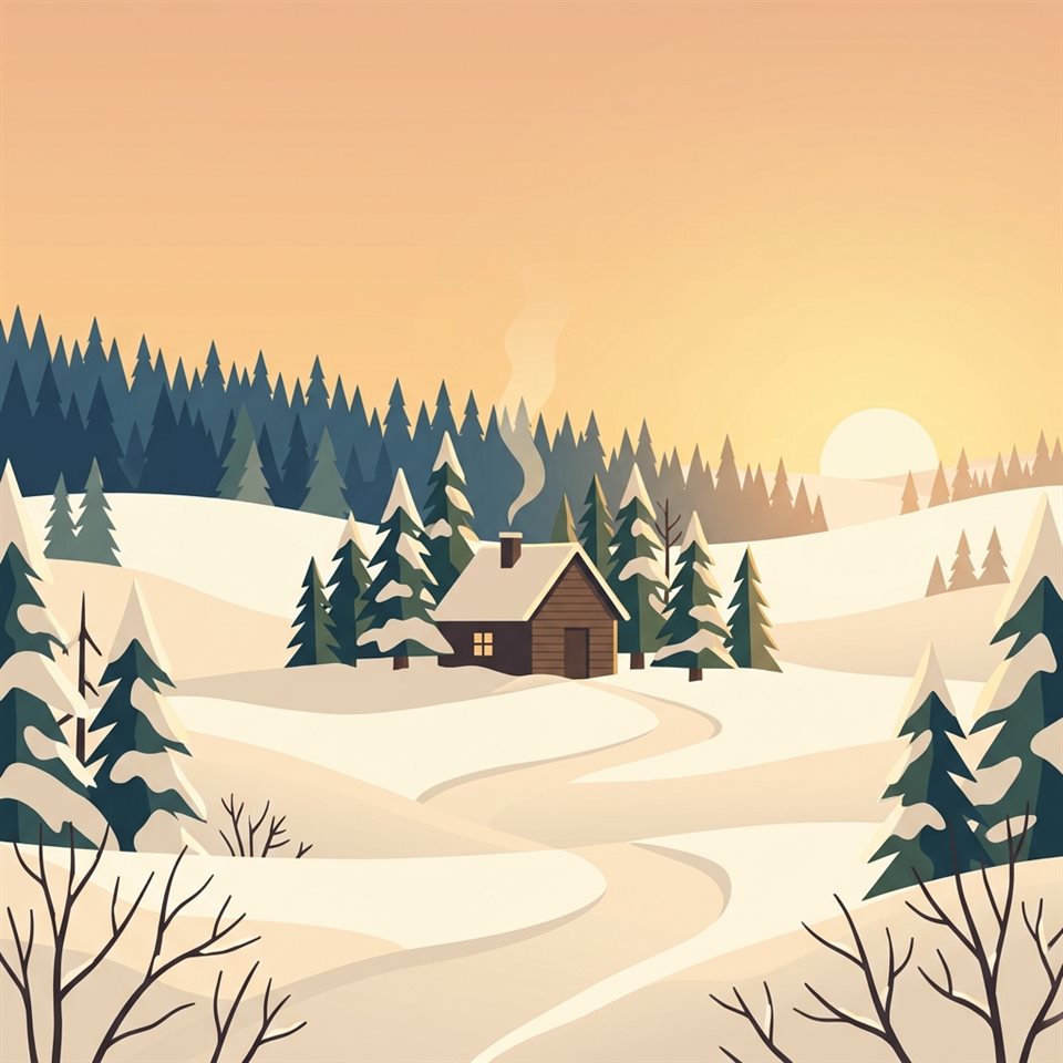 雪白冬景的簡約平面插畫，主體置於中央，構圖簡潔明了，溫暖金光，平靜氛圍，1:1比例
