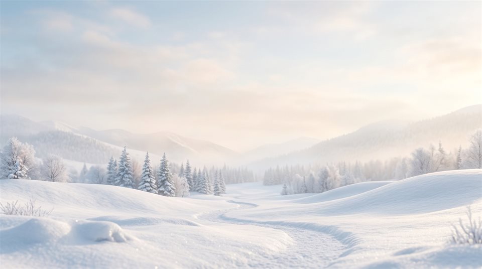 Renderização 3D suave de paisagem invernal nevada, plano aberto com espaço livre na parte superior para texto, névoa matinal, sonhado, proporção 16:9