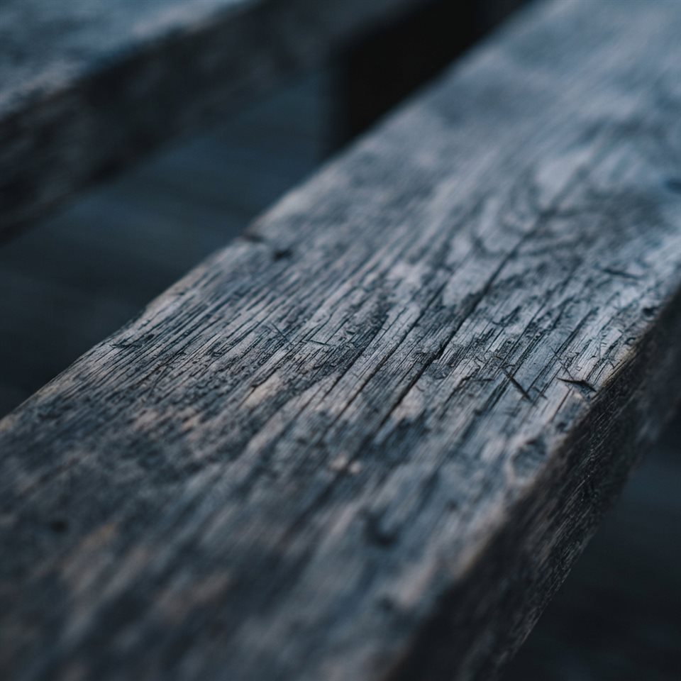Photorealistic photo of wood texture, close-up detail with shallow depth of field, cool blue tones, quiet atmosphere, 1:1 aspect ratio