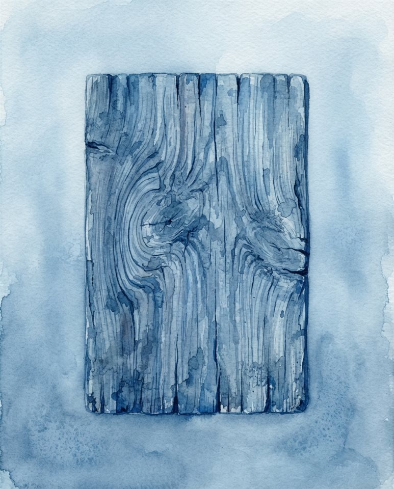 Watercolor illustration of wood texture, centered subject with a simple uncluttered composition, cool blue tones, quiet atmosphere, 4:5 aspect ratio