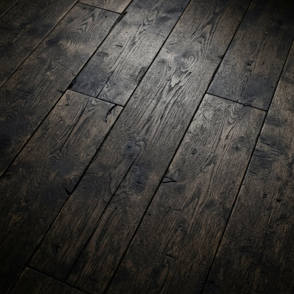 Photorealistic photo of wood texture, high-angle view from above, moody dark tones, dramatic lighting, 1:1 aspect ratio