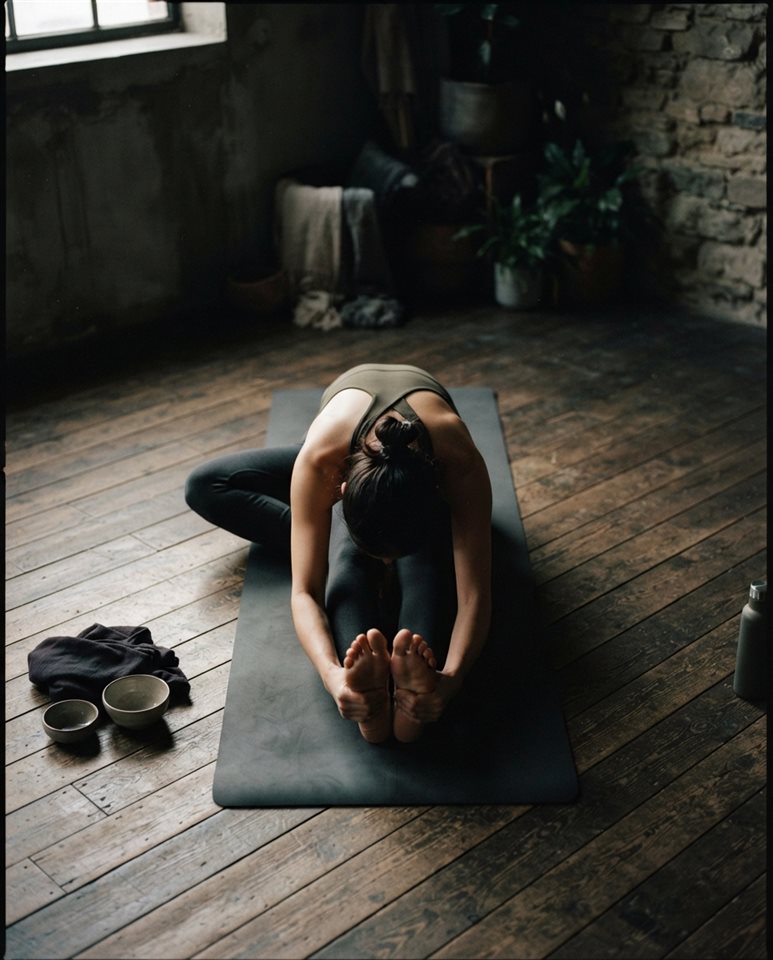 Cinematic film still of yoga practice, high-angle view from above, moody dark tones, dramatic lighting, 4:5 aspect ratio