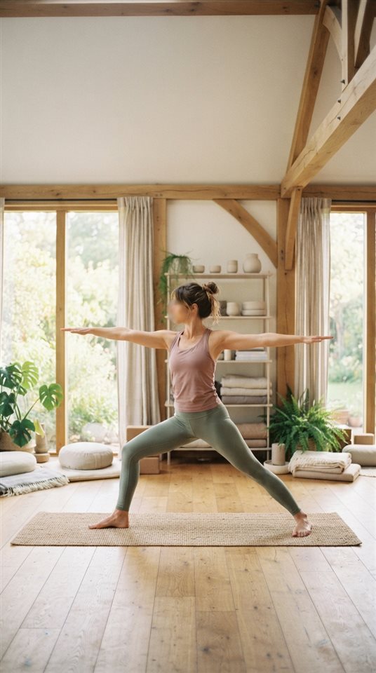 Cinematic film still of yoga practice, wide shot with open space at the top for text, soft pastel colors, bright and cozy, 9:16 aspect ratio
