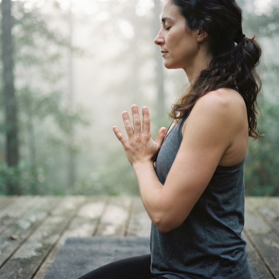 Photorealistic photo of yoga practice, close-up detail with shallow depth of field, misty morning haze, dreamy, 1:1 aspect ratio