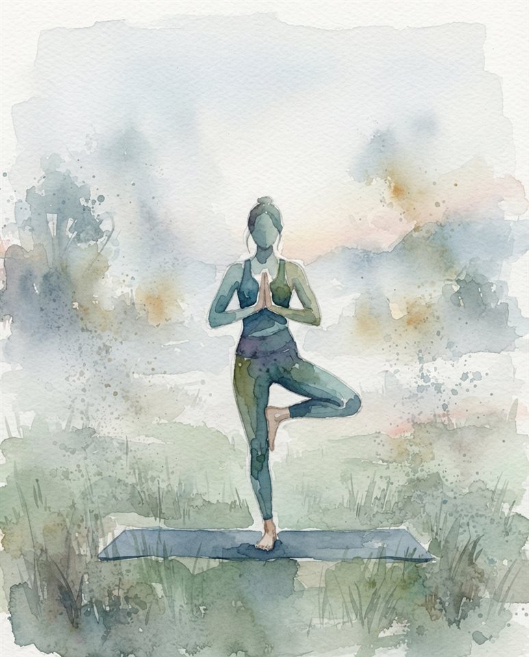 Watercolor illustration of yoga practice, centered subject with a simple uncluttered composition, misty morning haze, dreamy, 4:5 aspect ratio