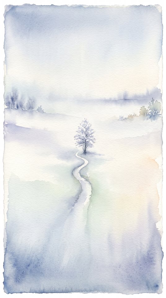 Ilustração em aquarela de fundo de banner panorâmico largo com uma área vazia e calma no centro, assunto centralizado com uma composição simples e limpa, névoa matinal, sonhador, proporção 9:16