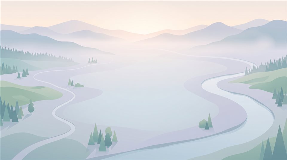 Ilustração plana minimalista de fundo de banner panorâmico largo com uma área vazia e calma no centro, vista de cima em ângulo alto, névoa matinal, sonhador, proporção 16:9