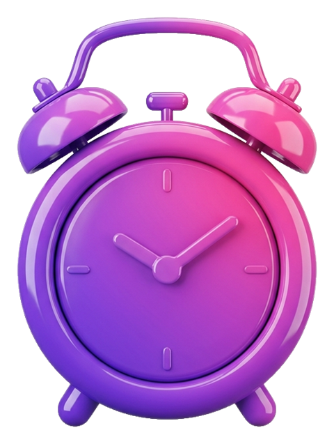 Glossy 3D render, purple and pink gradient of an alarm clock icon, transparent background PNG