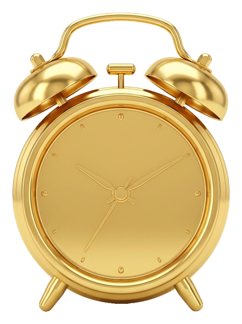 Shiny 3D render, gold metallic finish of an alarm clock icon, transparent background PNG