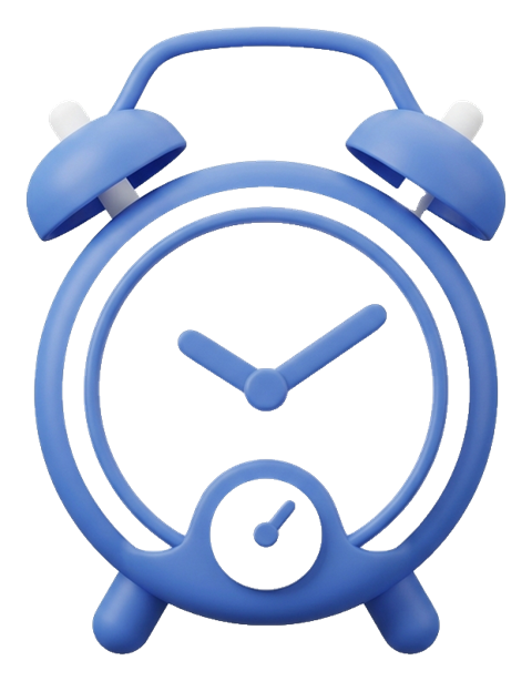 Matte 3D render, blue and white color scheme of an alarm clock icon, transparent background PNG