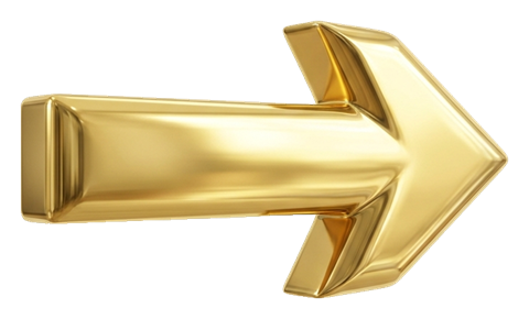 Shiny 3D render, gold metallic finish of a glossy three-dimensional arrow, transparent background PNG