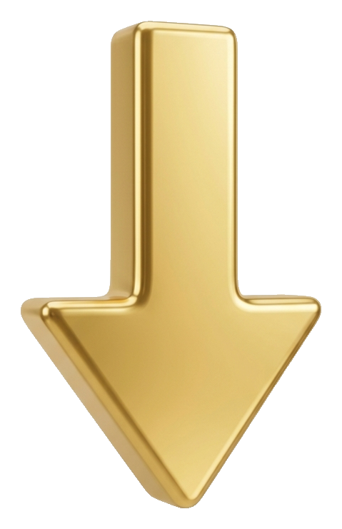 Soft 3D render, gold, pointing down of a glossy three-dimensional arrow, transparent background PNG