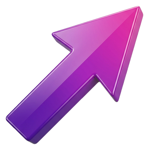 Glossy 3D render, purple and pink gradient of a glossy three-dimensional arrow, transparent background PNG