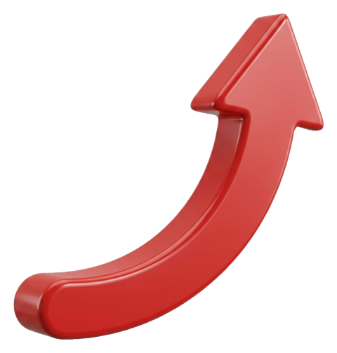 Soft 3D render, red, curved upward of a glossy three-dimensional arrow, transparent background PNG