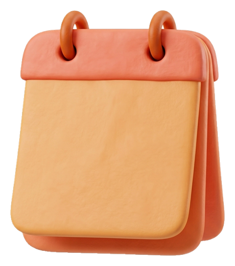 Clay 3D render, warm orange and coral tones of a calendar icon with blank pages, transparent background PNG