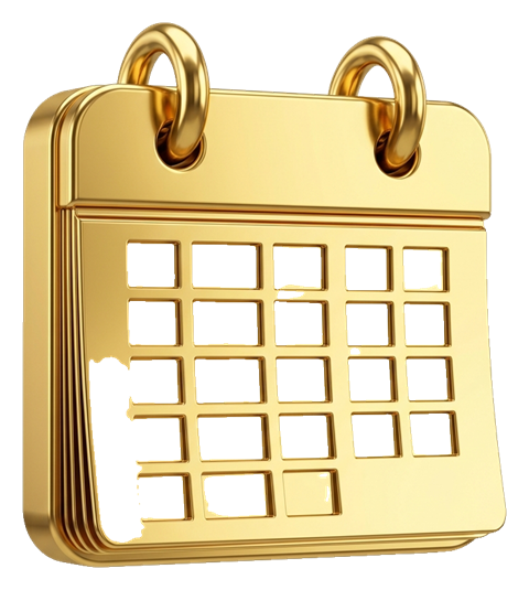 Shiny 3D render, gold metallic finish of a calendar icon with blank pages, transparent background PNG