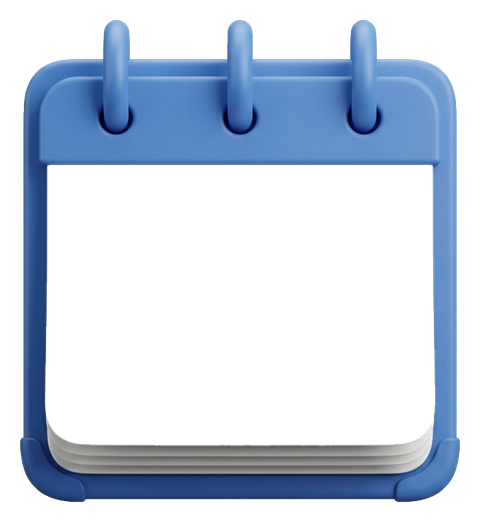 Matte 3D render, blue and white color scheme of a calendar icon with blank pages, transparent background PNG