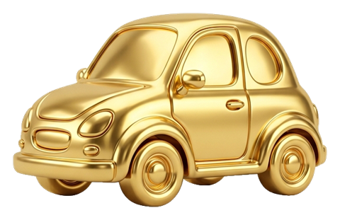 Shiny 3D render, gold metallic finish of a cute car icon, transparent background PNG