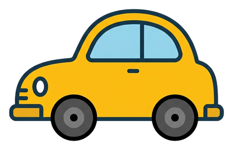 Flat vector icon, bold solid colors of a cute car icon, transparent background PNG