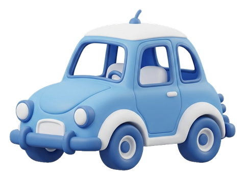 Matte 3D render, blue and white color scheme of a cute car icon, transparent background PNG