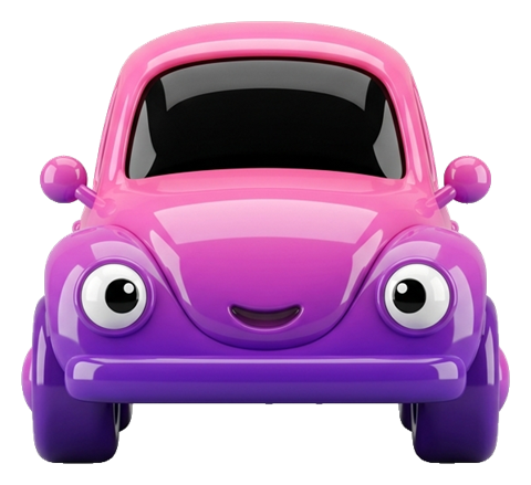 Glossy 3D render, purple and pink gradient of a cute car icon, transparent background PNG