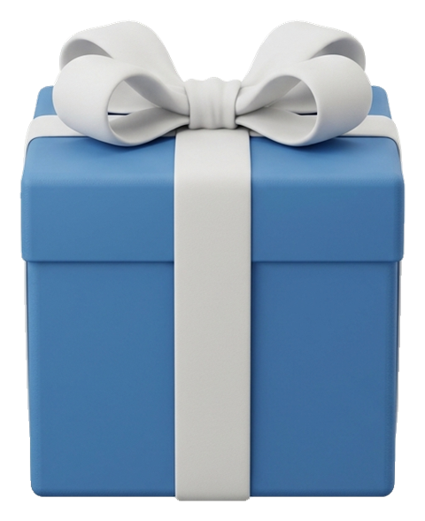 Matte 3D render, blue and white color scheme of a gift box with a ribbon, transparent background PNG