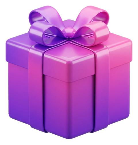 Glossy 3D render, purple and pink gradient of a gift box with a ribbon, transparent background PNG