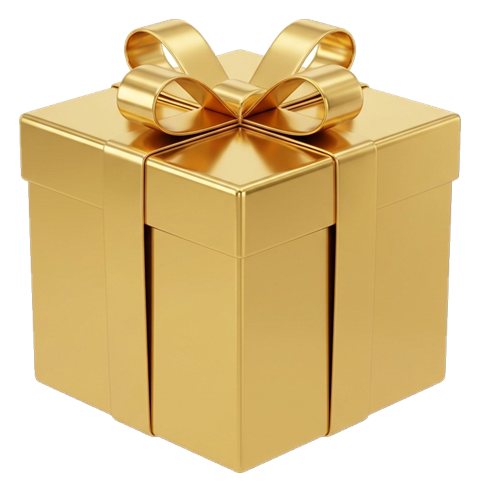 Shiny 3D render, gold metallic finish of a gift box with a ribbon, transparent background PNG