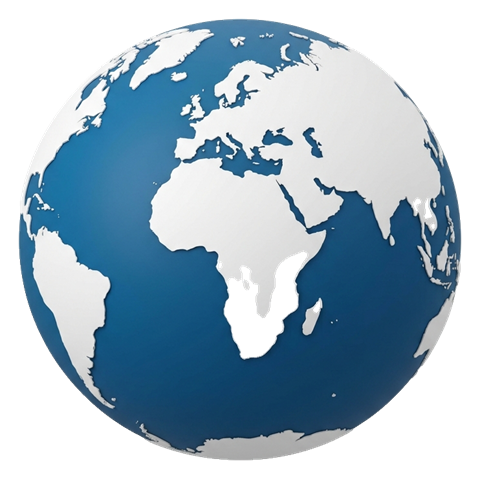 Matte 3D render, blue and white color scheme of a planet earth globe icon, transparent background PNG