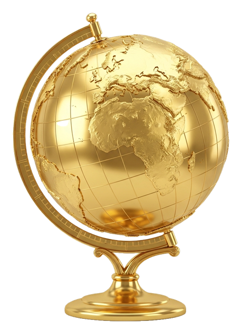 Shiny 3D render, gold metallic finish of a planet earth globe icon, transparent background PNG