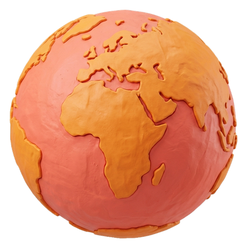 Clay 3D render, warm orange and coral tones of a planet earth globe icon, transparent background PNG