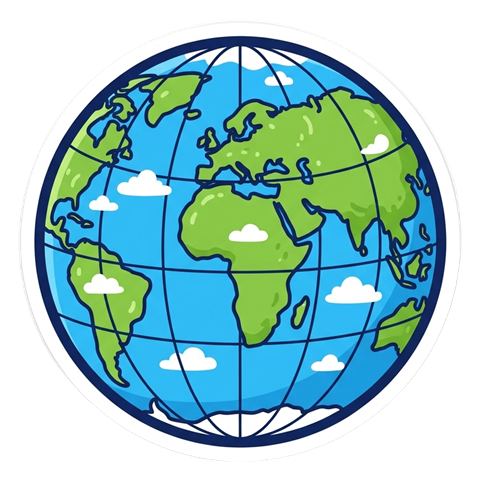 Cute sticker style with a thick dark outline of a planet earth globe icon, transparent background PNG
