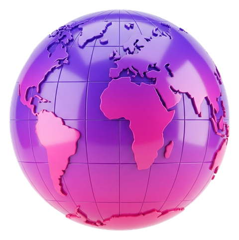 Glossy 3D render, purple and pink gradient of a planet earth globe icon, transparent background PNG