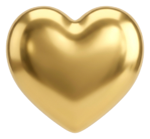 Shiny 3D render, gold metallic finish of a heart icon, transparent background PNG