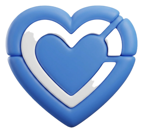 Matte 3D render, blue and white color scheme of a heart icon, transparent background PNG