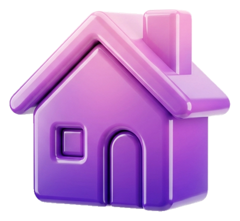 Glossy 3D render, purple and pink gradient of a small house icon, transparent background PNG