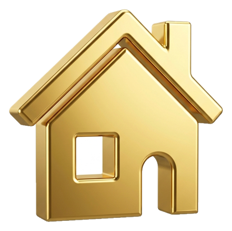 Shiny 3D render, gold metallic finish of a small house icon, transparent background PNG