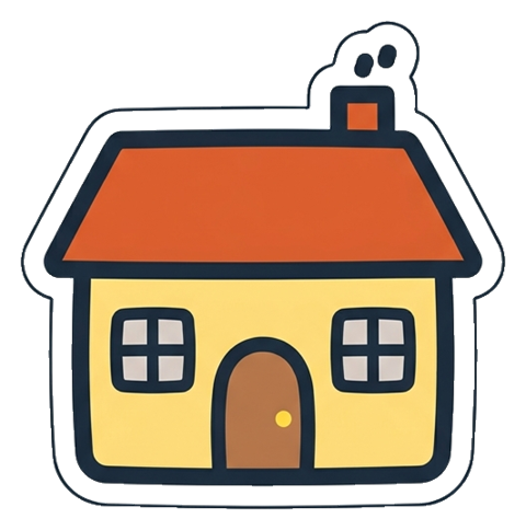 Cute sticker style with a thick dark outline of a small house icon, transparent background PNG