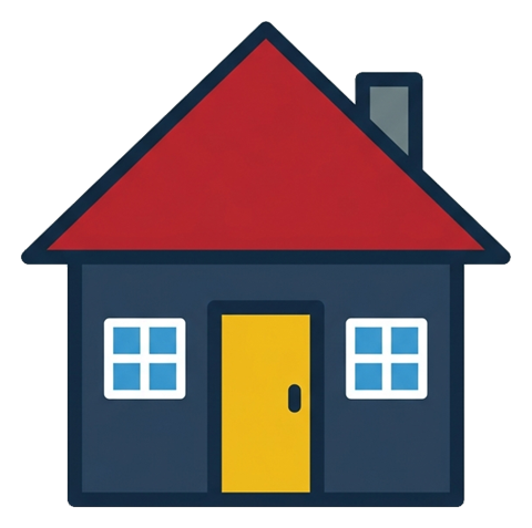 Flat vector icon, bold solid colors of a small house icon, transparent background PNG