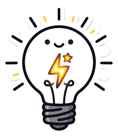Cute sticker style with a thick dark outline of a glowing light bulb idea icon, transparent background PNG