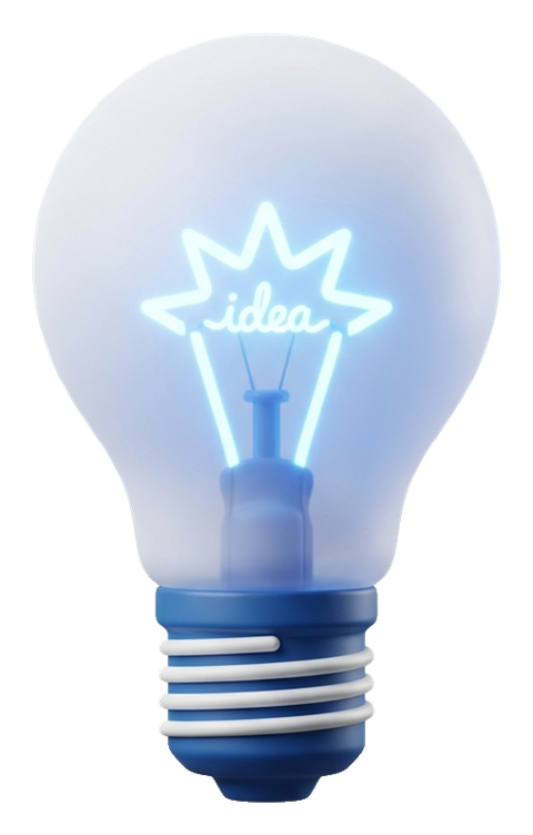 Matte 3D render, blue and white color scheme of a glowing light bulb idea icon, transparent background PNG