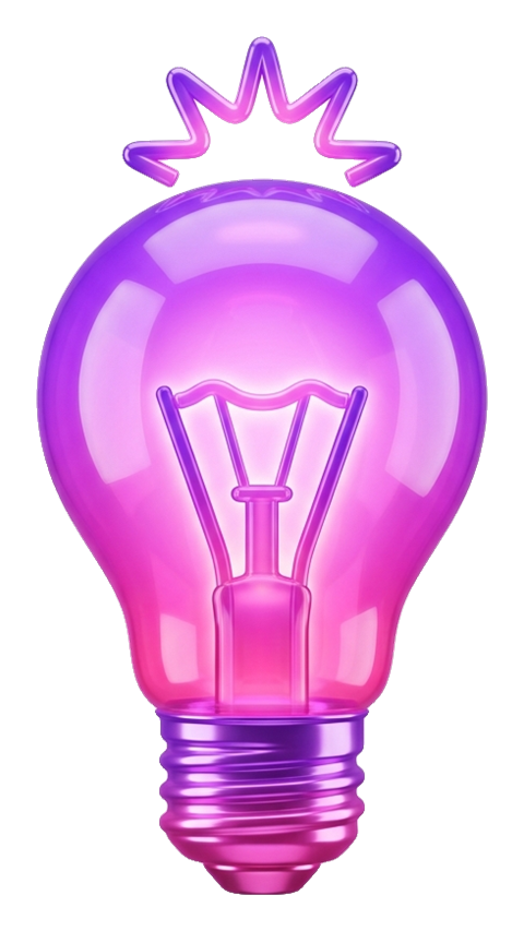 Glossy 3D render, purple and pink gradient of a glowing light bulb idea icon, transparent background PNG