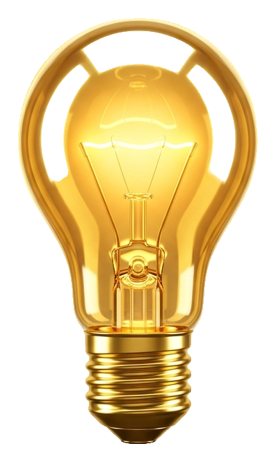 Shiny 3D render, gold metallic finish of a glowing light bulb idea icon, transparent background PNG
