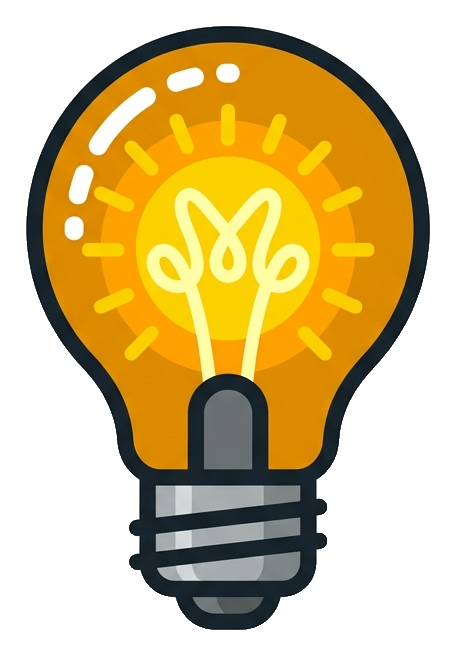 Flat vector icon, bold solid colors of a glowing light bulb idea icon, transparent background PNG